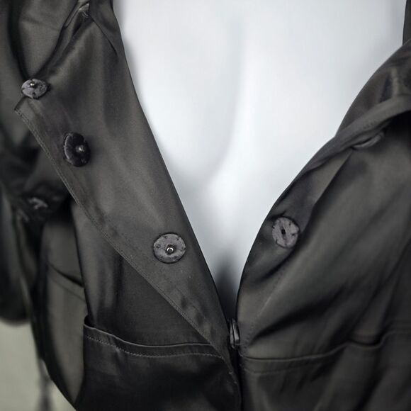 ECI New York Jacket Womens 12 Black Satin Big Collar Swing Crop Pockets Stretch - Picture 14 of 16